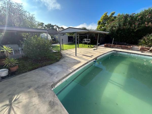 A pool and paved surround under a garden pergola